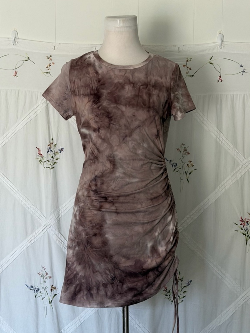 Tie-Dye Ruched Short Sleeve Dress - Brown